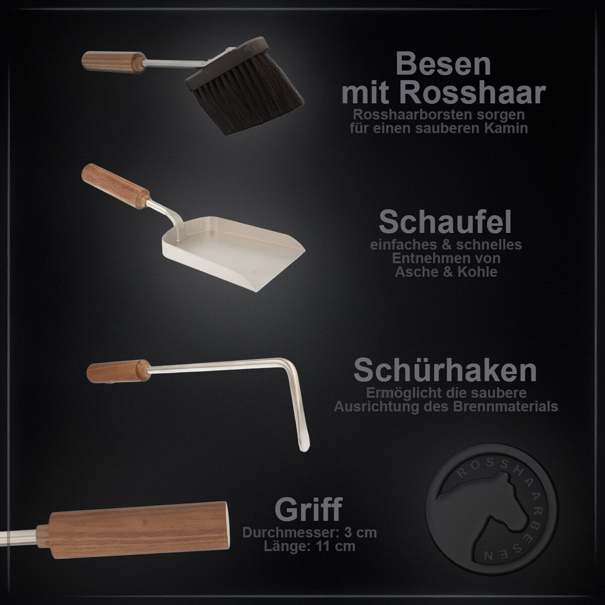 Lienbacher Kamingarnitur Mod. 956 – Edelstahl Mit Nussholzgriffen, Hochwertiges Kaminbesteck In Schwarz!