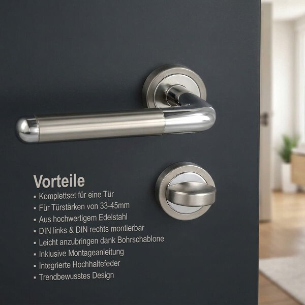 Edelstahl Türbeschlag Rosettengarnitur Isabel - Türdrücker BB-PZ-WC - Rundrosetten Türgarnitur WC DIN Norm