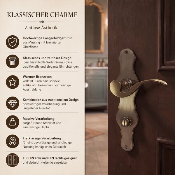 Türdrücker Langschildschildgarnitur Messing bronziert - Antik Türbeschlag für Innentüren BB/PZ/WC