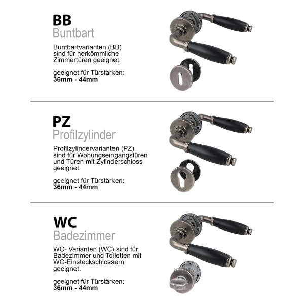 Türdrücker Messing Antik Grau - Rosettengarnitur Türklinke Schwarz - Vintage Türgriffgarnitur BB-PZ-WC