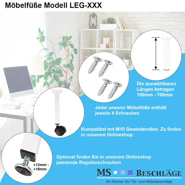 Möbelfuss Tischfuss Weiss Eckig 25 x 25mm Möbelbein Metall Sofasfuss Möbelstütze