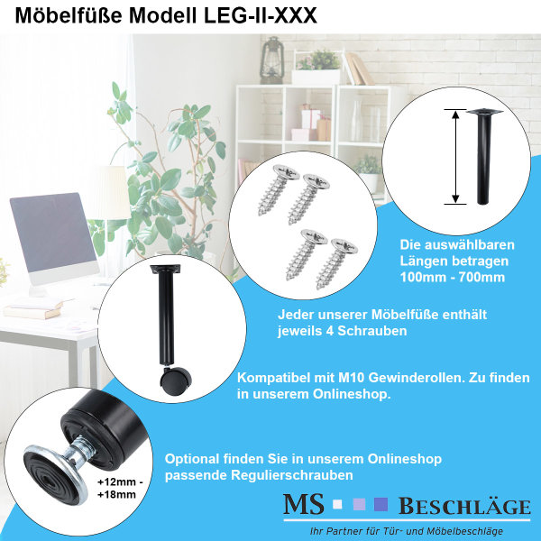 Möbelbein Tischbein Möbelfuss ø30mm rund Schwarz Sofafuss Bettstütze Metall Tischstütze