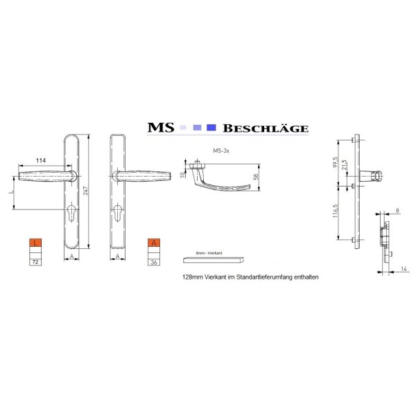 Schmalrahmengarnitur 8-72mm Schildgarnitur Weiss RAL9016 Langschildgarnitur PZ Drücker/Drücker 55-70mm nein