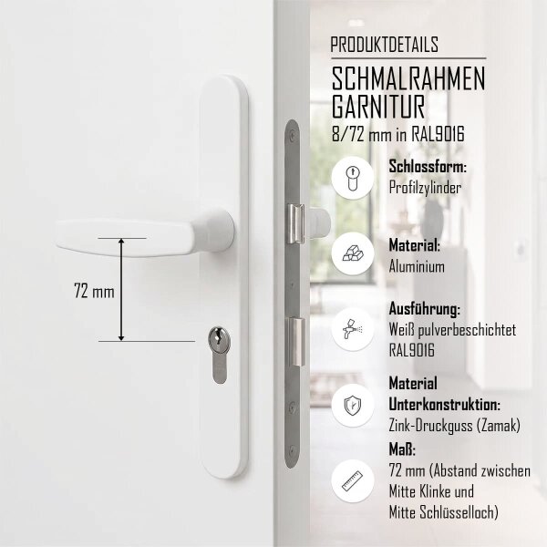 Schmalrahmengarnitur 8-72mm Schildgarnitur Weiss RAL9016 Langschildgarnitur PZ Drücker/Drücker 71-86mm nein
