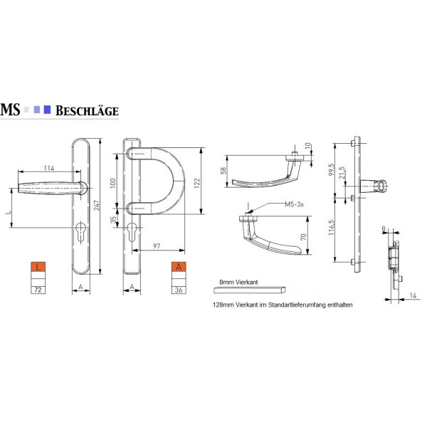 Schmalrahmengarnitur 8-72mm Schildgarnitur Weiss RAL9016 Langschildgarnitur PZ Bügelgriff/Drücker 71-86mm ja