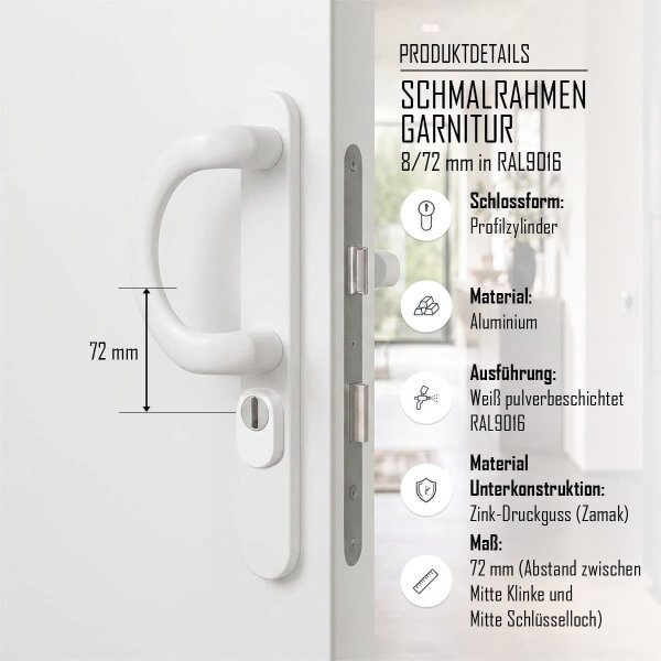 Schmalrahmengarnitur 8-72mm Schildgarnitur Weiss RAL9016 Langschildgarnitur PZ Bügelgriff/Drücker 71-86mm ja
