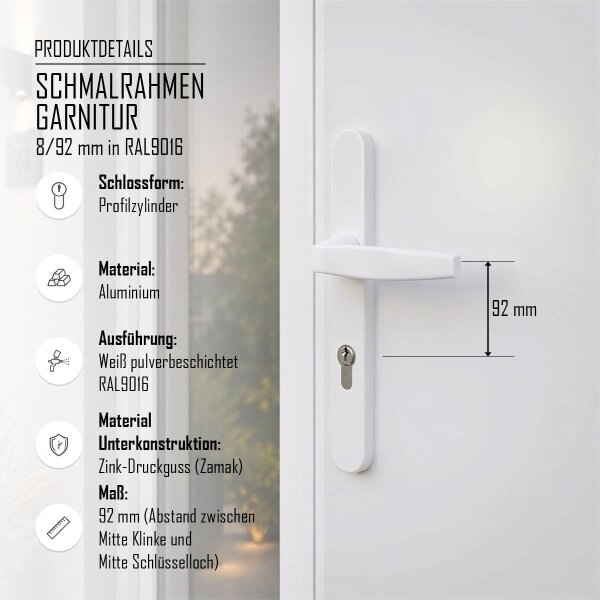 Schmalrahmengarnitur PZ Lochung 92mm Wechselgarnitur Haustürbeschlag Weiss RAL9016 Drücker/Drücker 71-86mm nein