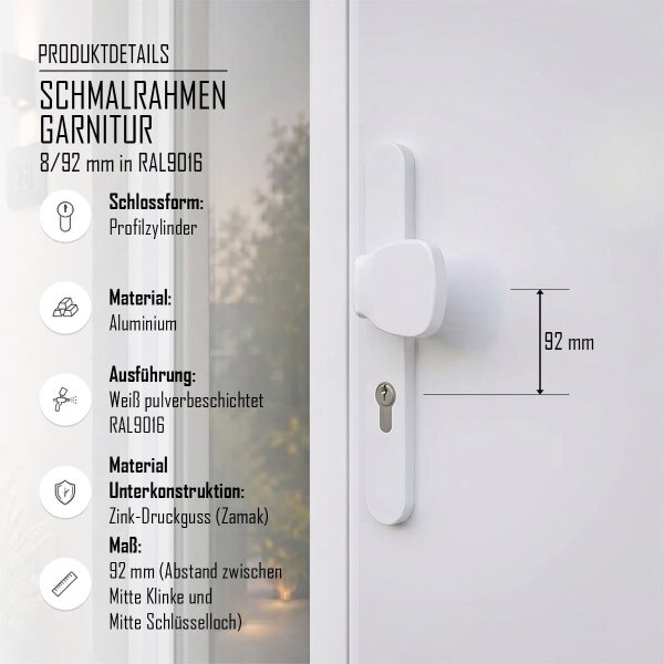 Schmalrahmengarnitur PZ Lochung 92mm Wechselgarnitur Haustürbeschlag Weiss RAL9016 Knopf/Drücker 55-70mm nein