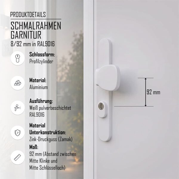 Schmalrahmengarnitur PZ Lochung 92mm Wechselgarnitur Haustürbeschlag Weiss RAL9016 Knopf/Drücker 71-86mm ja