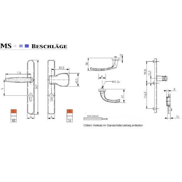 Schmalrahmengarnitur 92mm PZ Lochung Türdrücker Anthrazit RAL7016 Wechselgarnitur