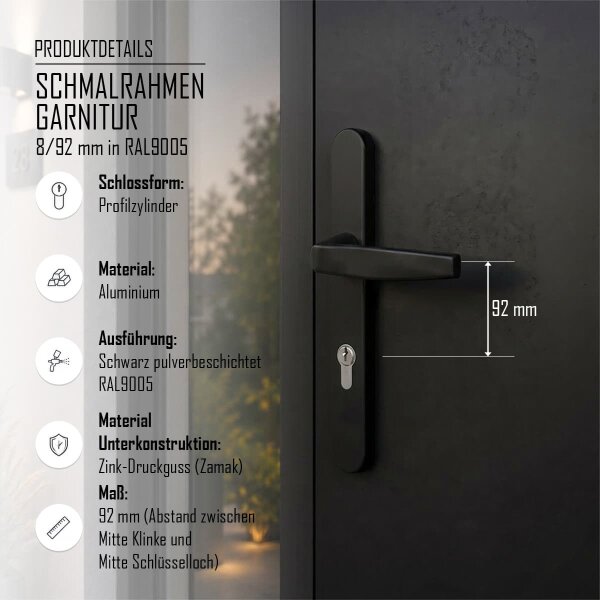 Aluminium Schmalrahmengarnitur Schwarz 92mm PZ Wechselgarnitur Haustür Nebeneingangstür Drücker/Drücker 55-70mm nein