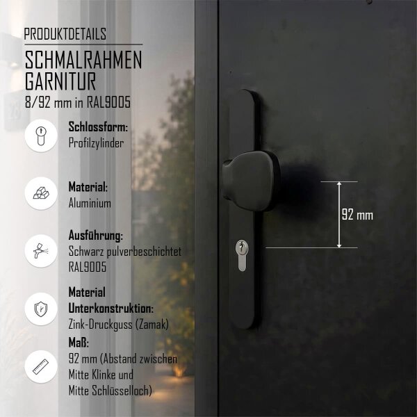 Aluminium Schmalrahmengarnitur Schwarz 92mm PZ Wechselgarnitur Haustür Nebeneingangstür Knopf/Drücker 55-70mm nein