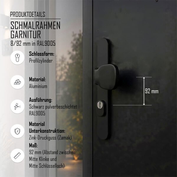 Aluminium Schmalrahmengarnitur Schwarz 92mm PZ Wechselgarnitur Haustür Nebeneingangstür Knopf/Drücker 71-86mm ja