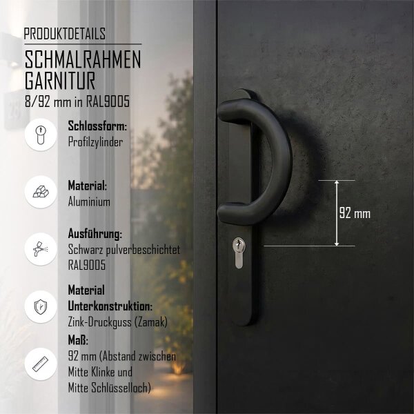 Aluminium Schmalrahmengarnitur Schwarz 92mm PZ Wechselgarnitur Haustür Nebeneingangstür Bügelgriff/Drücker 55-70mm nein