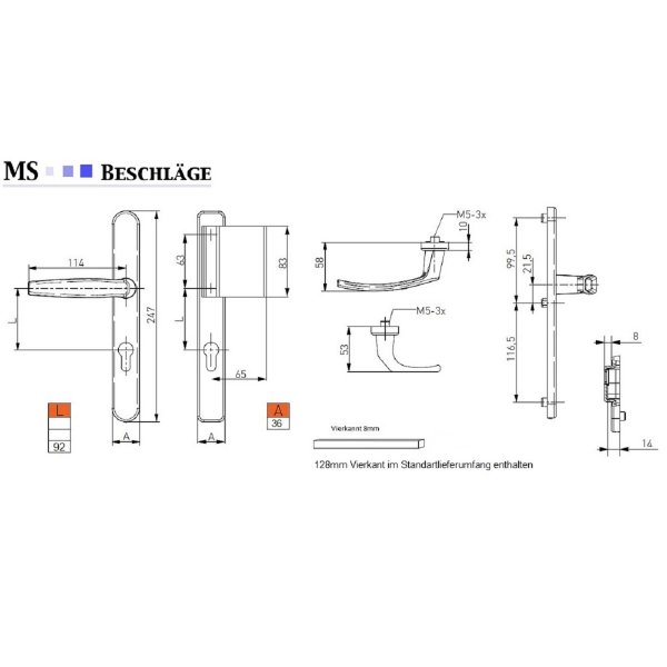 Aluminium Schmalrahmengarnitur Schwarz 92mm PZ Wechselgarnitur Haustür Nebeneingangstür Stossgriff/Drücker 71-86mm nein