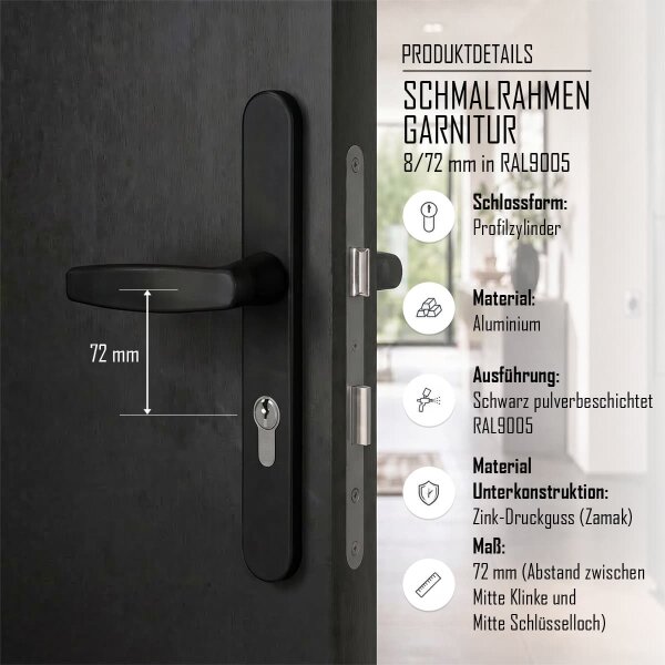 Schmalrahmengarnitur 8-72mm Schwarz RAL9005 Langschildgarnitur PZ Lochung Wechselgarnitur Drücker/Drücker 71-86mm nein