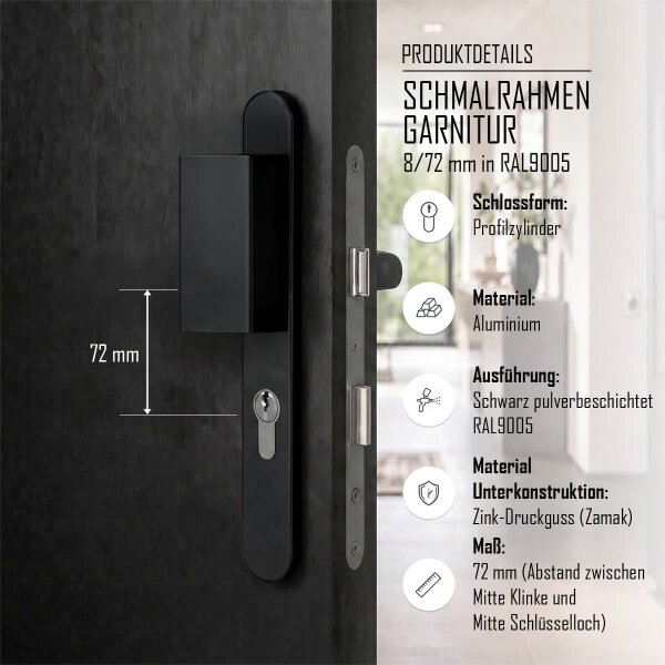 Schmalrahmengarnitur 8-72mm Schwarz RAL9005 Langschildgarnitur PZ Lochung Wechselgarnitur Stossgriff/Drücker 71-86mm nein