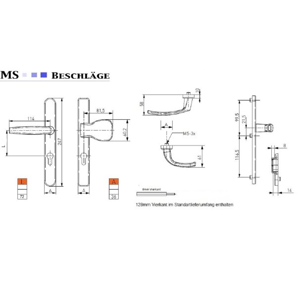 Silberne Schmalrahmengarnitur 72mm Langschildgarnitur PZ Türdrücker Wechselgarnitur Knopf/Drücker 39-54mm nein