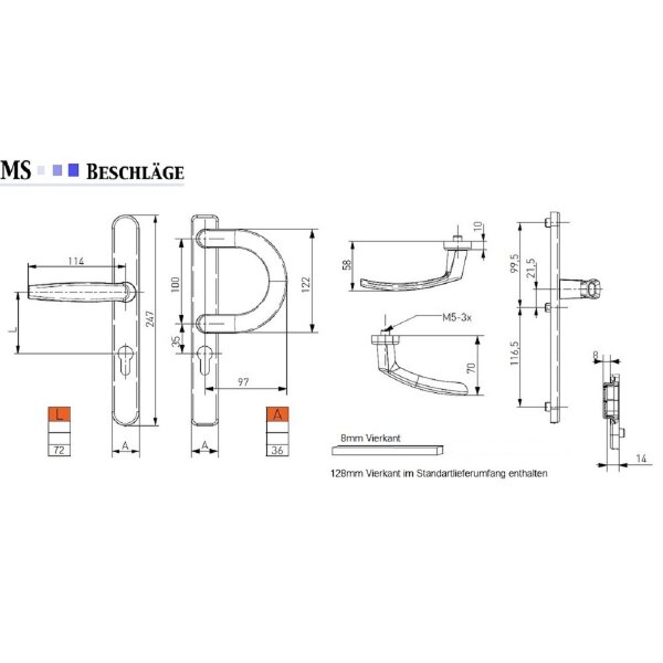 Silberne Schmalrahmengarnitur 72mm Langschildgarnitur PZ Türdrücker Wechselgarnitur Bügelgriff/Drücker 71-86mm nein