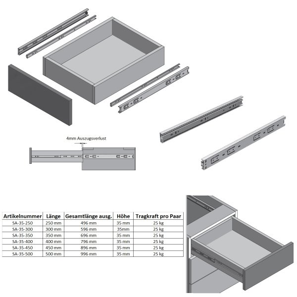 Vollauszug Schubkastenschiene Schubladenauszug 300mm Höhe 35mm Teleskopauszug