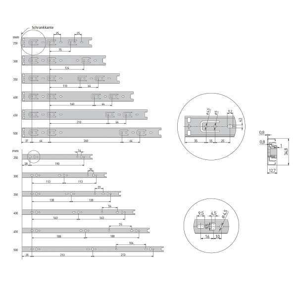 Vollauszug Schubkastenschiene Schubladenauszug 300mm Höhe 35mm Teleskopauszug