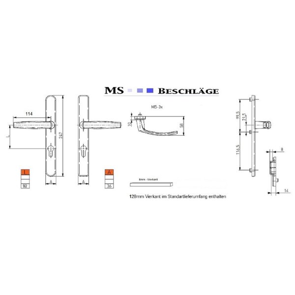 Schmalrahmengarnitur 92mm PZ Lochung Aluminium Braun Türbeschlag Nebeneingangstür Drücker/Drücker 55-70mm ja