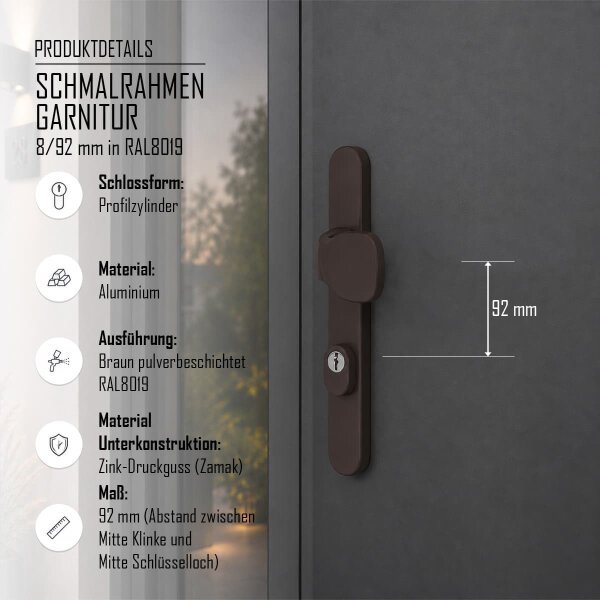 Schmalrahmengarnitur 92mm PZ Lochung Aluminium Braun Türbeschlag Nebeneingangstür Knopf/Drücker 55-70mm ja
