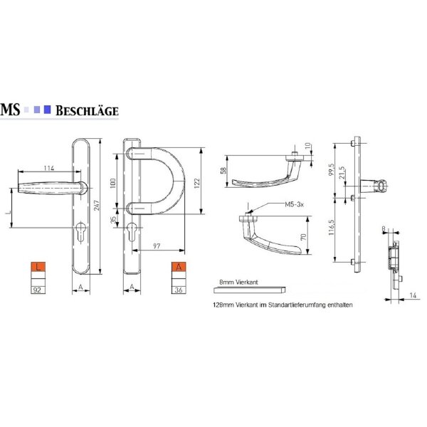 Schmalrahmengarnitur 92mm PZ Lochung Aluminium Braun Türbeschlag Nebeneingangstür Bügelgriff/Drücker 71-86mm nein