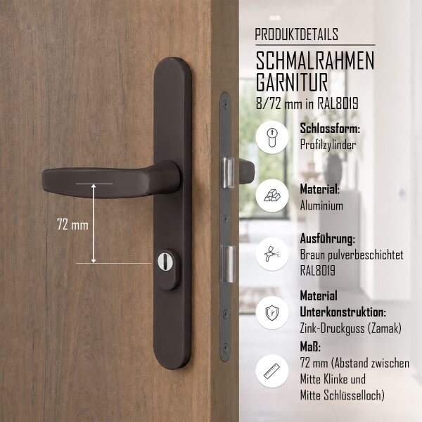 Aluminium 8-72mm Schmalrahmengarnitur Braun RAL8019 Langschild Türdrücker  Drücker/Drücker 39-54mm ja