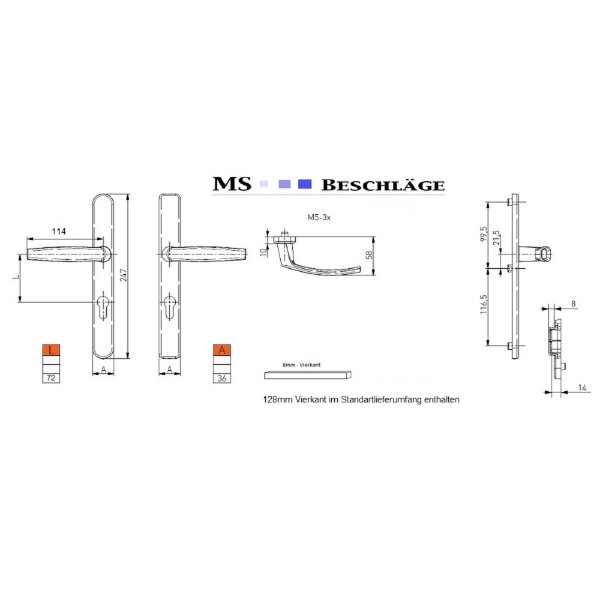 Aluminium 8-72mm Schmalrahmengarnitur Braun RAL8019 Langschild Türdrücker  Drücker/Drücker 71-86mm ja