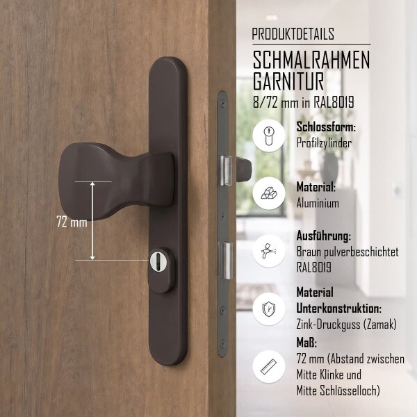 Aluminium 8-72mm Schmalrahmengarnitur Braun RAL8019 Langschild Türdrücker  Knopf/Drücker 55-70mm ja