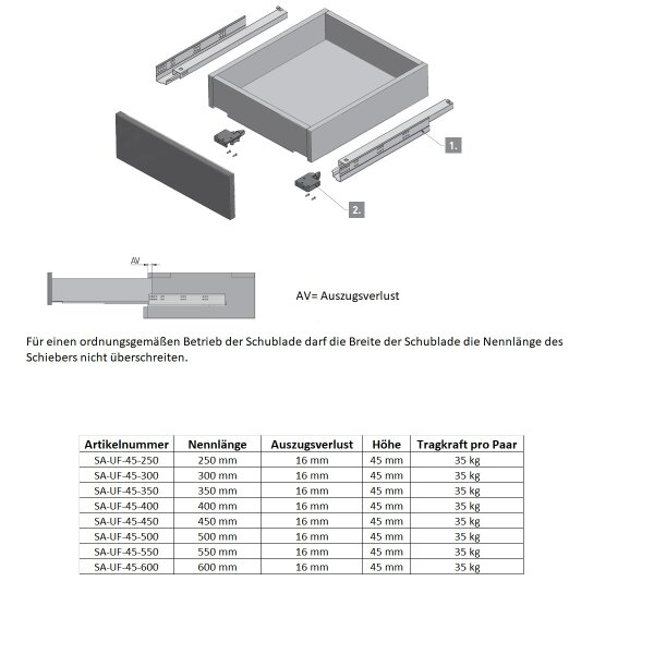 Unterflurführung Schubladenauszug Schubkastenauszug Soft Close System Vollauszug 450mm