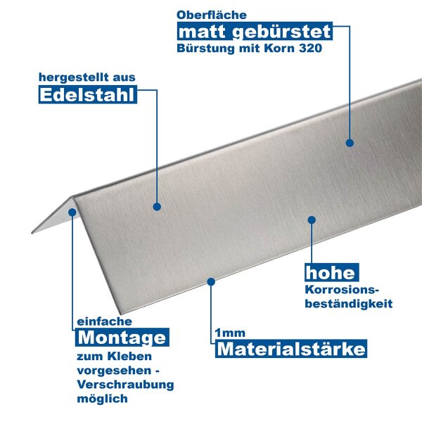 Edelstahl V2A Eckschutzwinkel - 1000mm Kantenschutz Eckschutz matt gebürstet - Gerade 20mm x 20mm