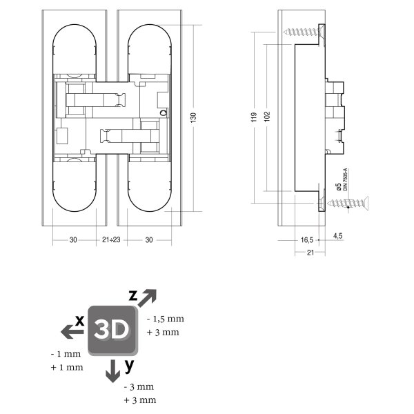 Intersteel Verdeckt liegendes Türband Zamak 130x30 - 3D einstellbar Nickel