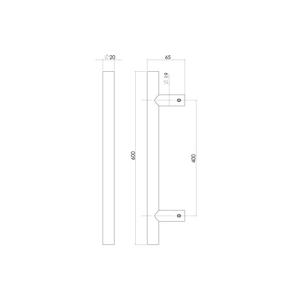 Intersteel Türgriff stückweise T-Form 600x65x20 Mittenabstand 400 Edelstahl gebürstet