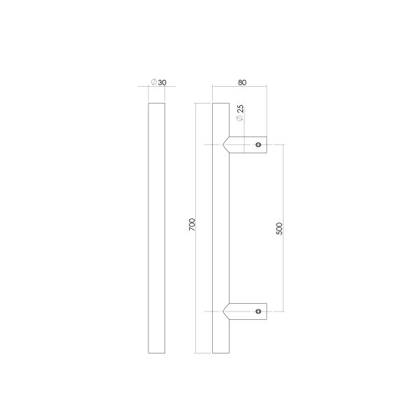 Intersteel Türgriff stückweise T-Form 700x80x30 Mittenabstand 500 Edelstahl gebürstet