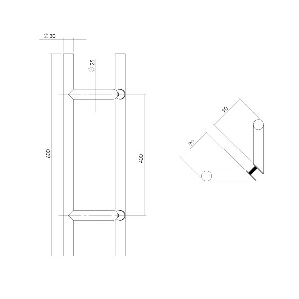 Intersteel Türgriffe paarweise T-schräg 600x90x30 Mittenabstand 400 Edelstahl gebürstet
