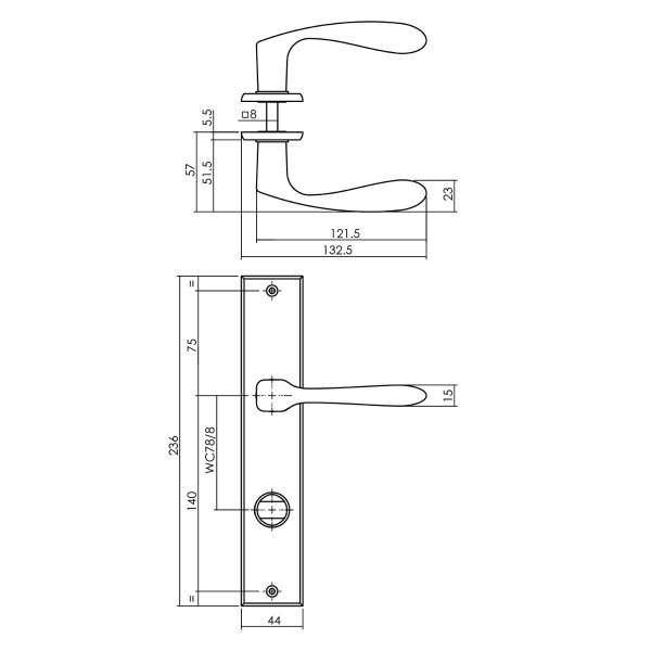 Intersteel Türdrücker Banaan auf schild 236x44x5 mm mit Bad/WC 78 mm + 8 mm stift Schwarz