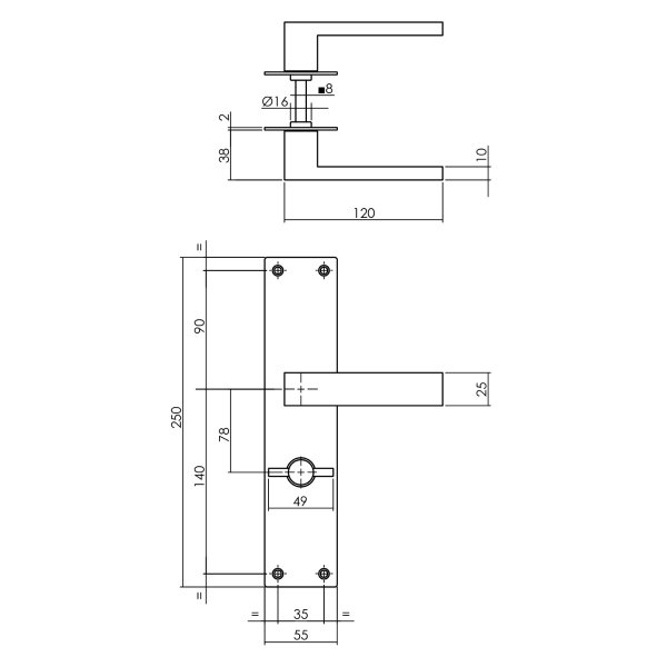 Intersteel Türdrücker Amsterdam auf Schild 250x55x2 mm mit Bad/WC 78 mm + 8 mm stift Edelstahl gebürstet