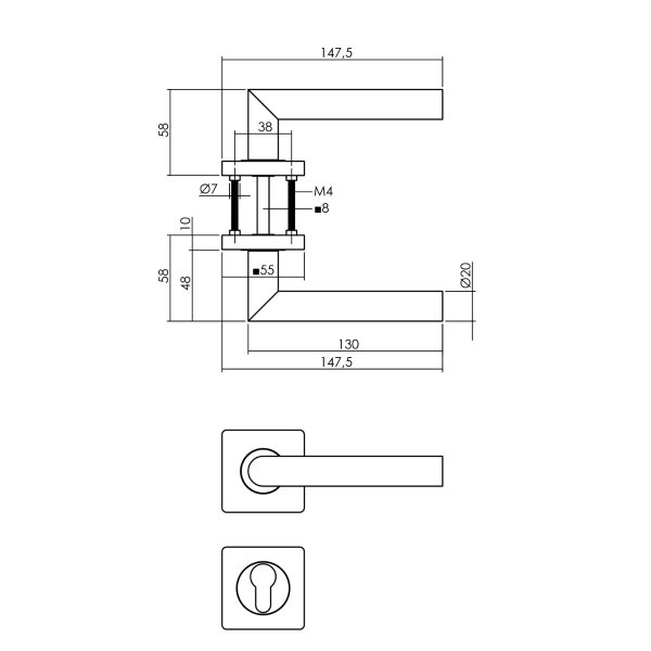 Intersteel Türdrücker Bastian auf Rosette 55x55x10 mm mit PZ-Rosetten Schwarz
