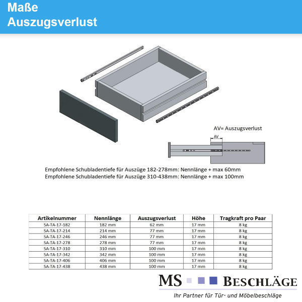 Teleskopschiene 310mm Schubladenauszug 17mm Führungsschiene Teilauszug paarweise