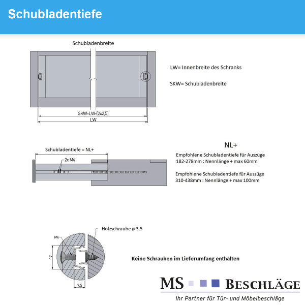 Teleskopschiene 310mm Schubladenauszug 17mm Führungsschiene Teilauszug paarweise