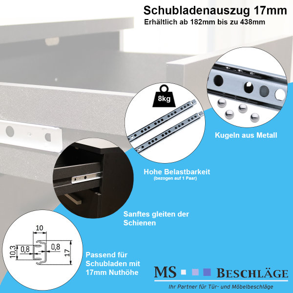 Teleskopschiene 310mm Schubladenauszug 17mm Führungsschiene Teilauszug paarweise
