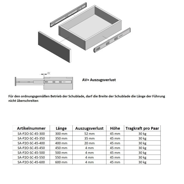 Vollauszugsführungen im Paar 300mm Schubladenauszug Push to Open und Soft Close