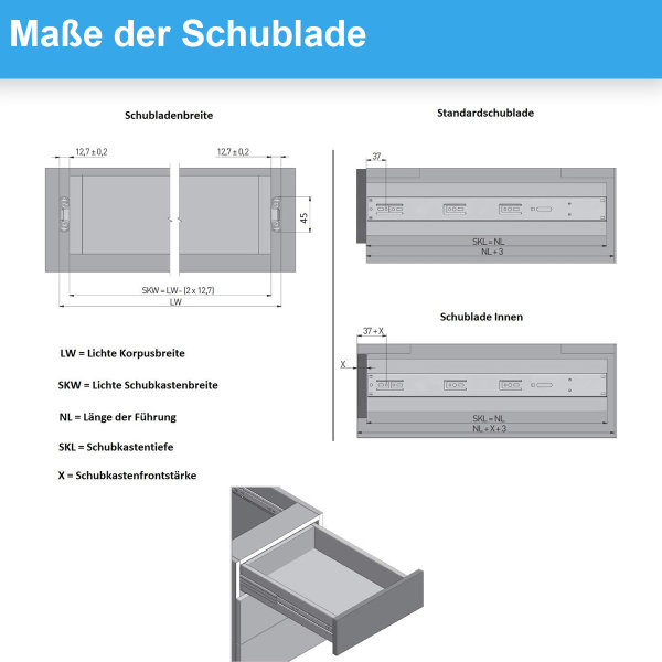 Schubladenauszug mit SoftClose 450mm Funktion Schubladenschiene Vollauszug