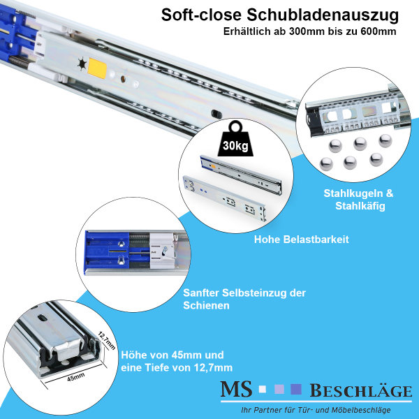 Schubladenauszug mit SoftClose 450mm Funktion Schubladenschiene Vollauszug