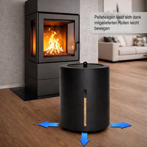 Pelletbehälter rund mit Rollen – hochwertige Pelletbox mit Sichtfenster - Pelletvorratsbehälter Ø39cm