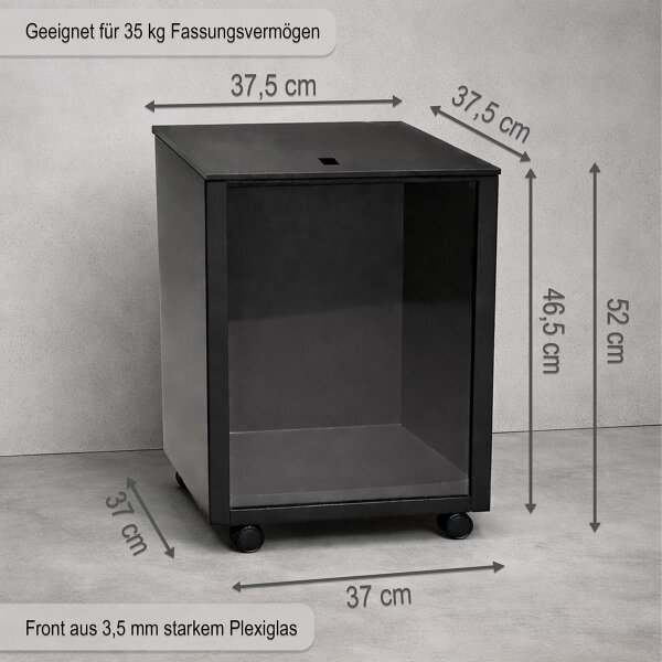 Pelletbehälter schwarz mit Rollen und Sichtfenster 37x52x37cm  - Pelletwagen Pelletbox mit Deckel