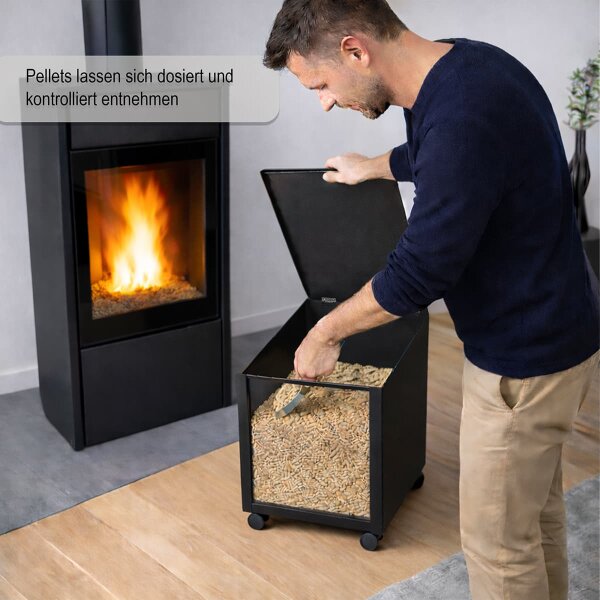 Pelletbehälter schwarz mit Rollen und Sichtfenster 37x52x37cm  - Pelletwagen Pelletbox mit Deckel