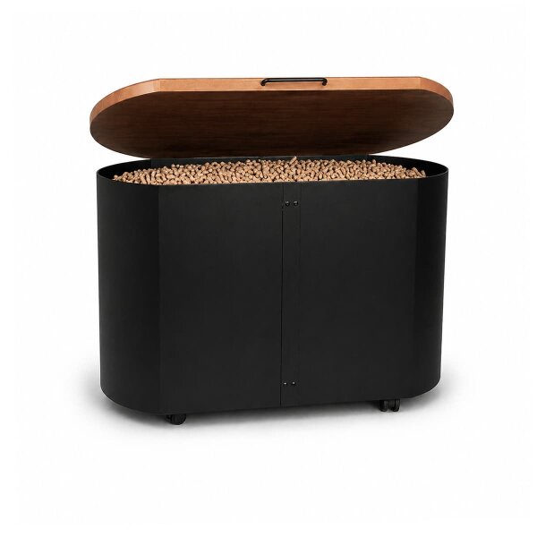 Pellettruhe schwarz mit Holzdeckel & Rollen - 30kg Pelletbox Metall Pelletbehälter 64x46x33cm